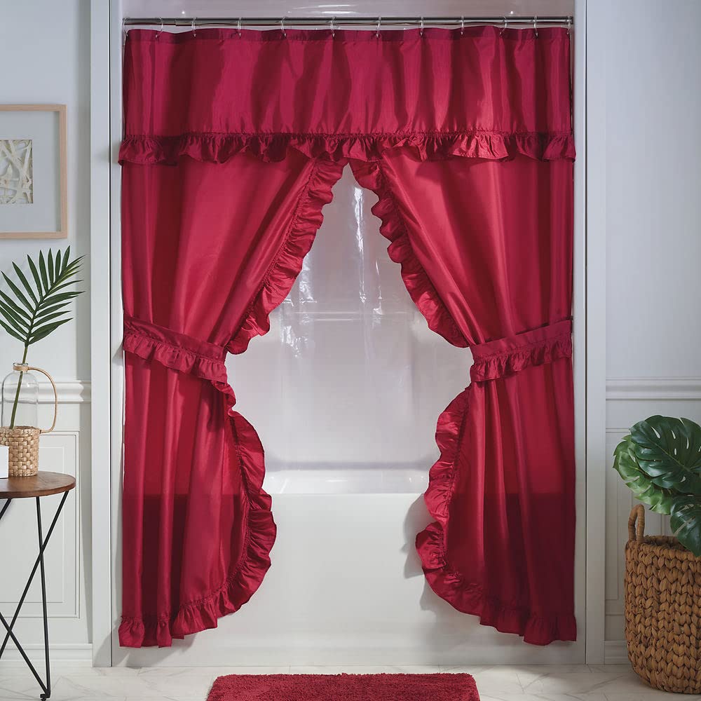 Stoneberry Home Ruffled Shower Curtain Set, Burgundy