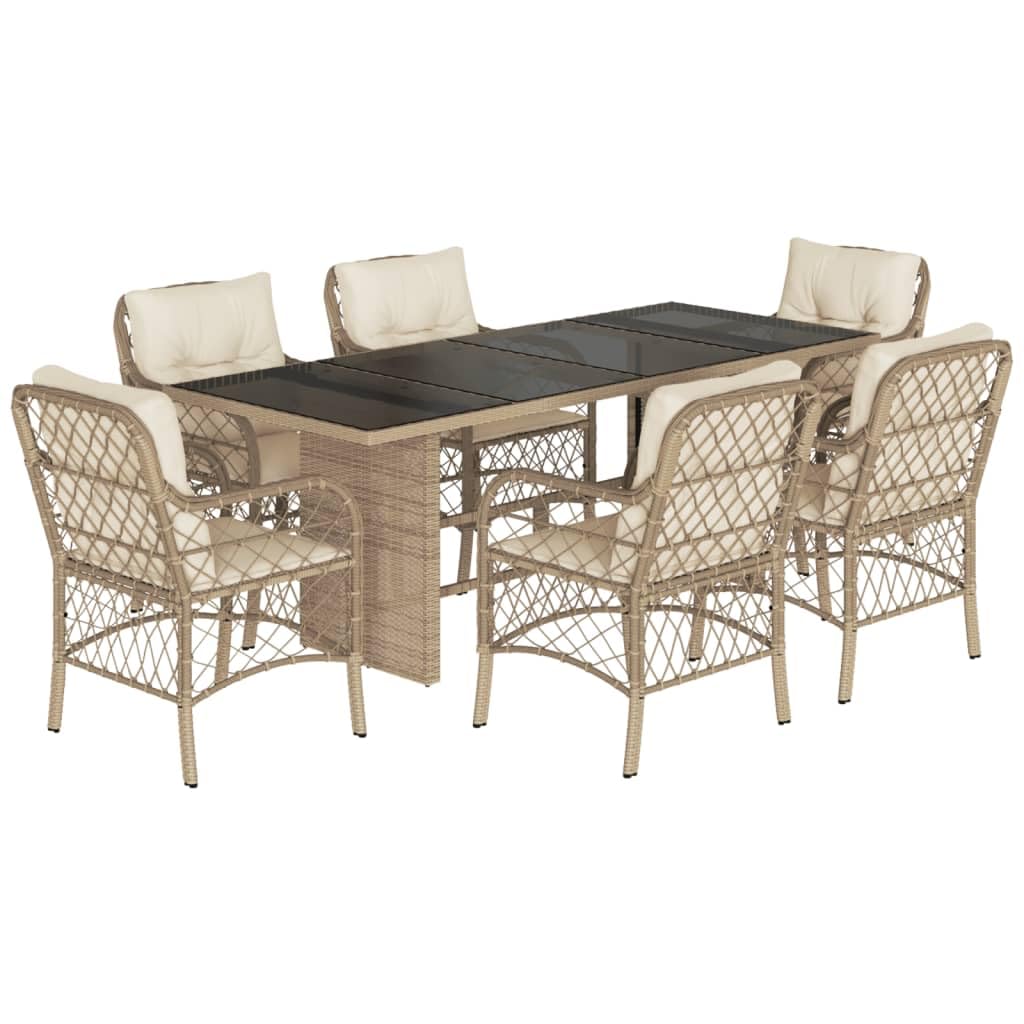 vidaXL - 7 Piece Patio Dining Set with Cushions - Beige Poly Rattan and Tempered Glass Table for Garden/Backyard/Patio - with Removable and Washable Covers