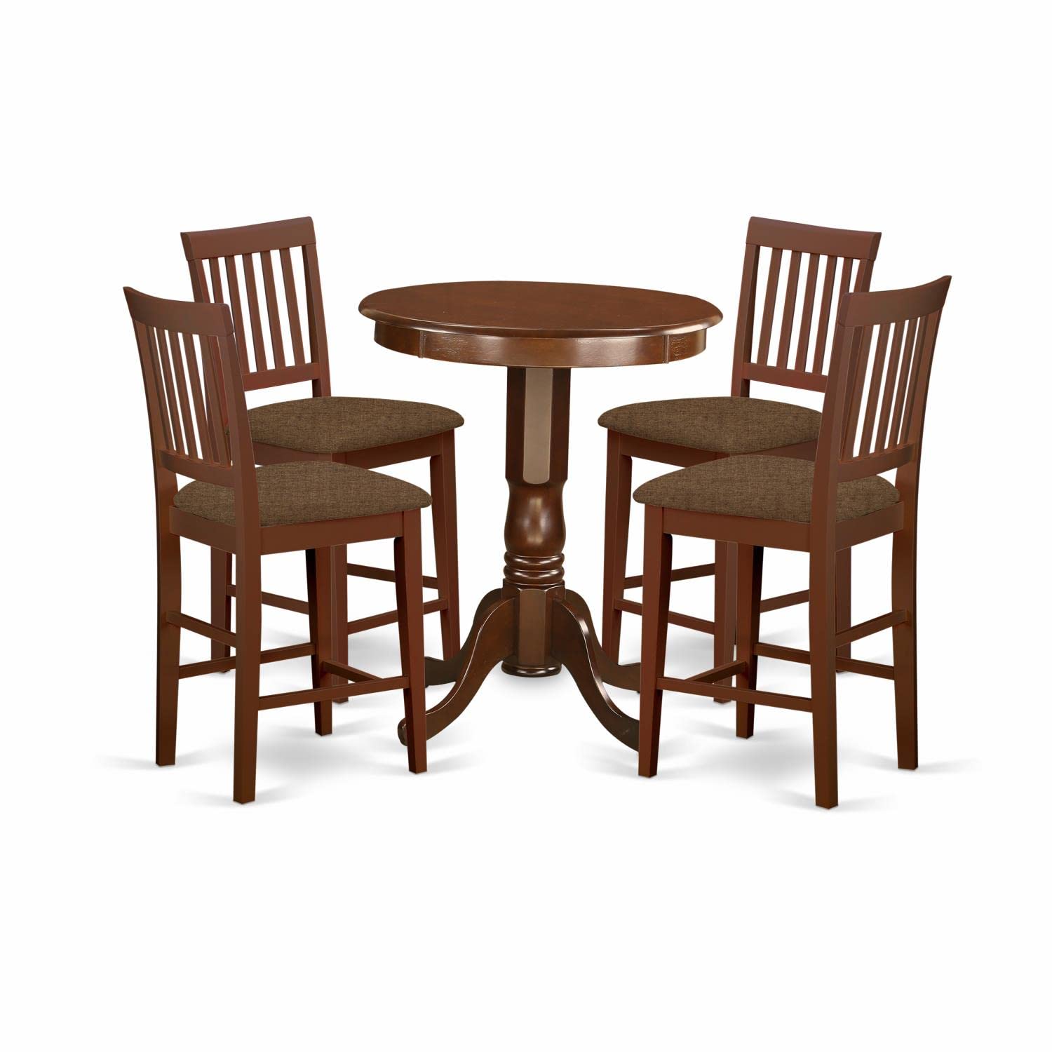 East West Furniture EDVN5-MAH-C 5 Piece Counter Height Dining Table Set Includes a Round Wooden Table with Pedestal and 4 Linen Fabric Upholstered Chairs, 30x30 Inch, Mahogany