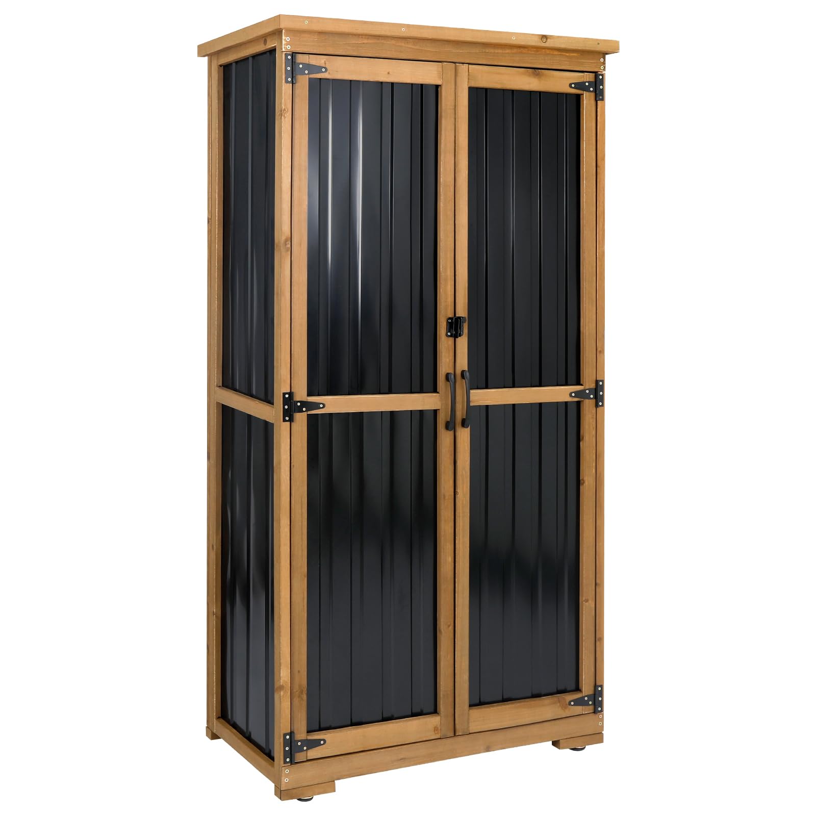 Ketive Outdoor Storage Cabinet Wood & Metal, Tall Tool Shed With Weatherproof, Double Lockable Doors, Removable 3 Shelves, Adjus