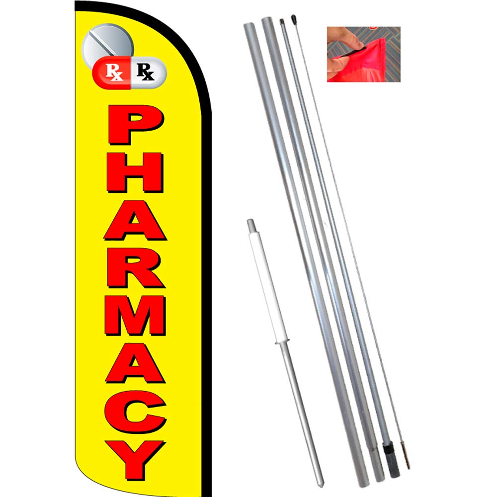 Pharmacy (Yellow/Red) Windless Feather Flag Bundle (11.5' Tall Flag, 15' Tall Flagpole, Ground Mount Stake) 841098162320