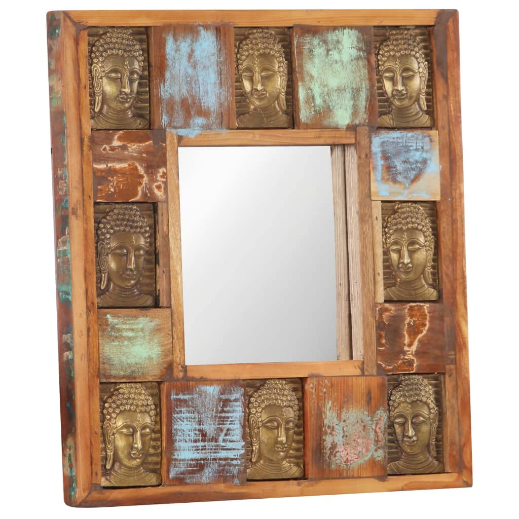 vidaXL Solid Reclaimed Wood Mirror with Buddha Cladding - Handcrafted Square Wall-Mounted Mirror for Hallway, Bedroom, or Dressing Room