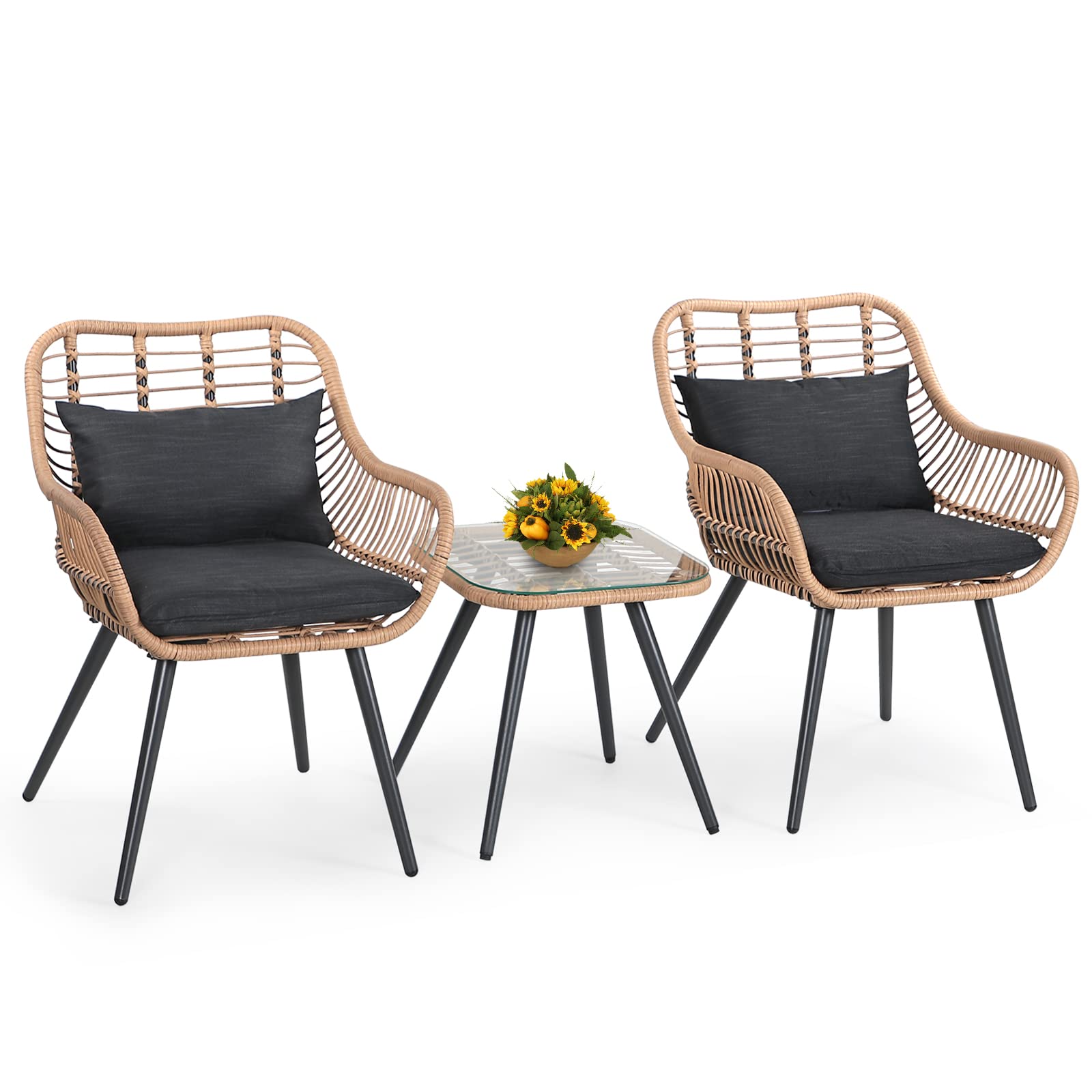 Verano Garden 3 Piece Patio Bistro Set, Outdoor Wicker Conversation Chair Sets Balcony Furniture,Coffee Table With Glass Top, Cu