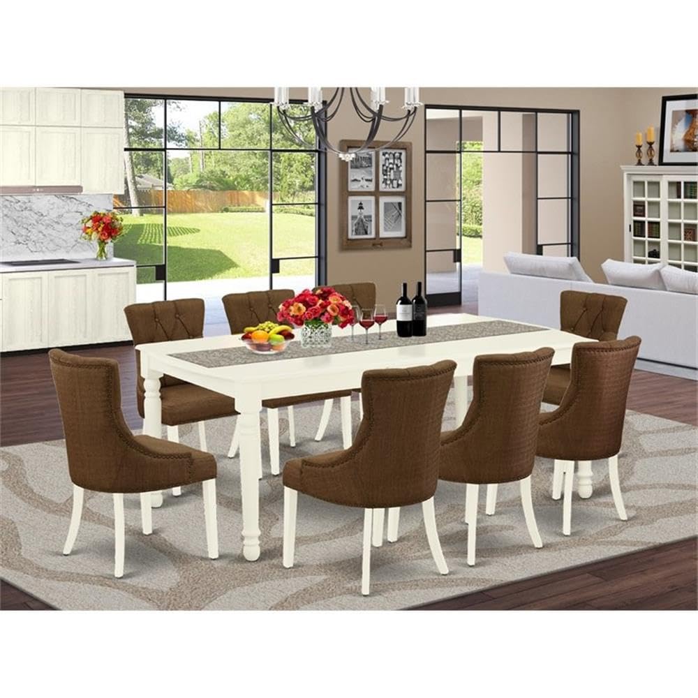 East West Furniture Dofr9-Lwh-18 9 Piece Dining Table Set Includes A Rectangle Dining Room Table With Butterfly Leaf And 8 Brown Linen Linen Fabric Parson Chairs, 42X78 Inch, Linen White