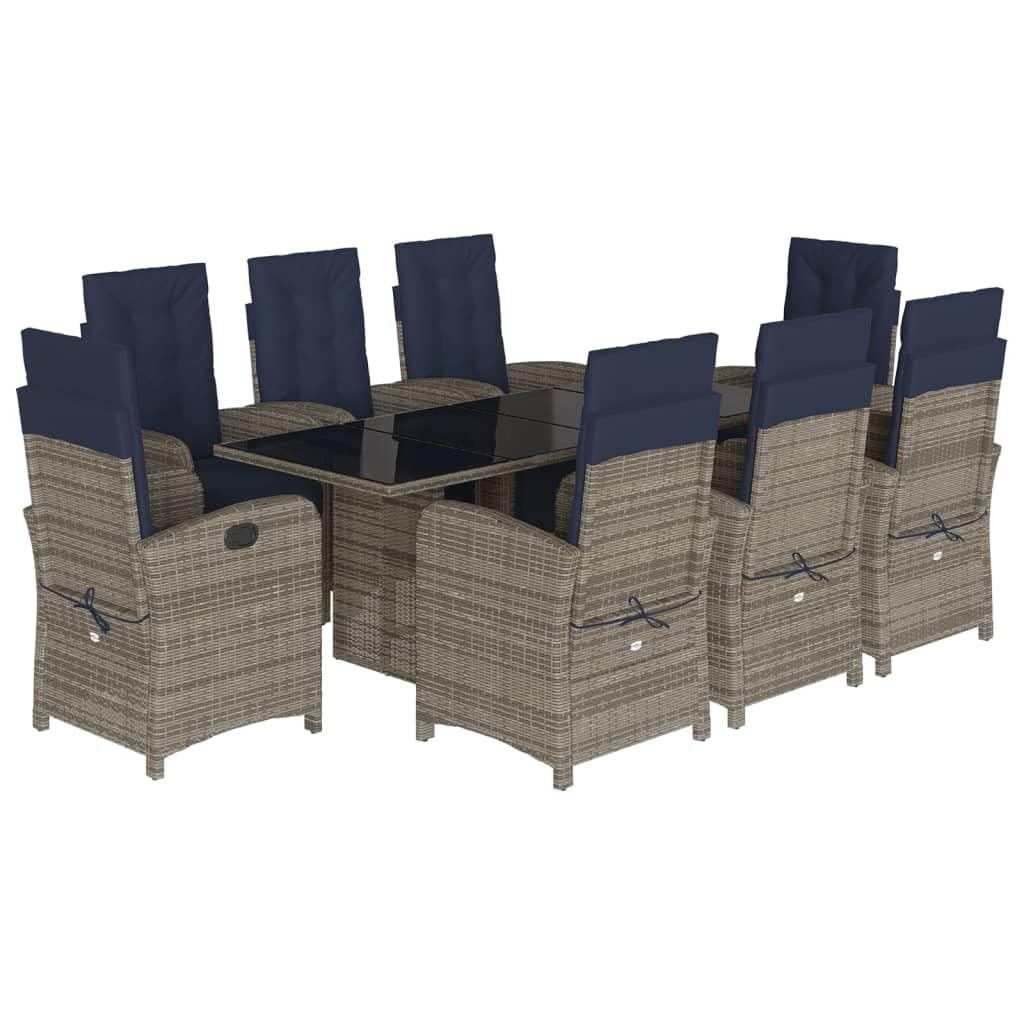 vidaXL 9-Piece Outdoor Dining Set - Gray Poly Rattan with Adjustable Chairs, Navy Cushions & Tempered Glass Table