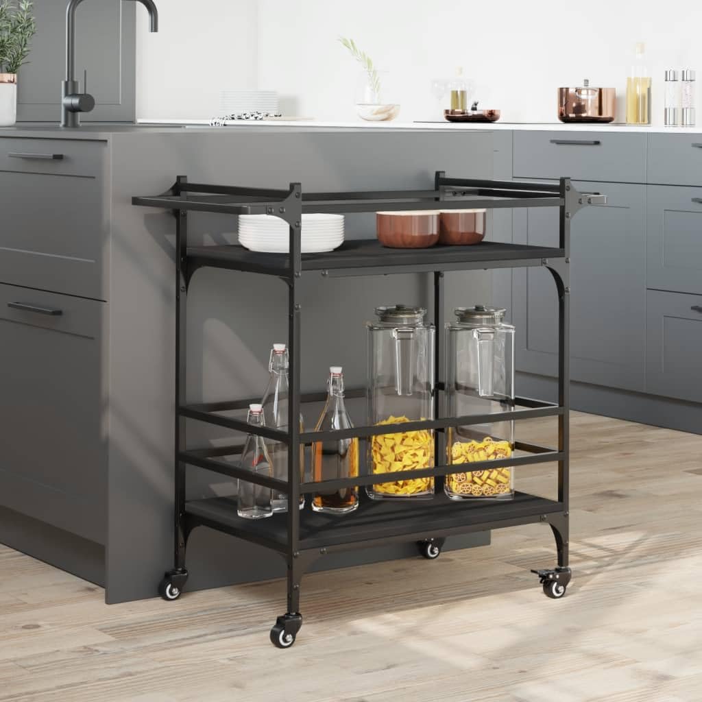 vidaXL Kitchen Trolley in Black - Engineered Wood & Steel Frame, Mobile Storage Cart with Wheels, Versatile Organizer for Home