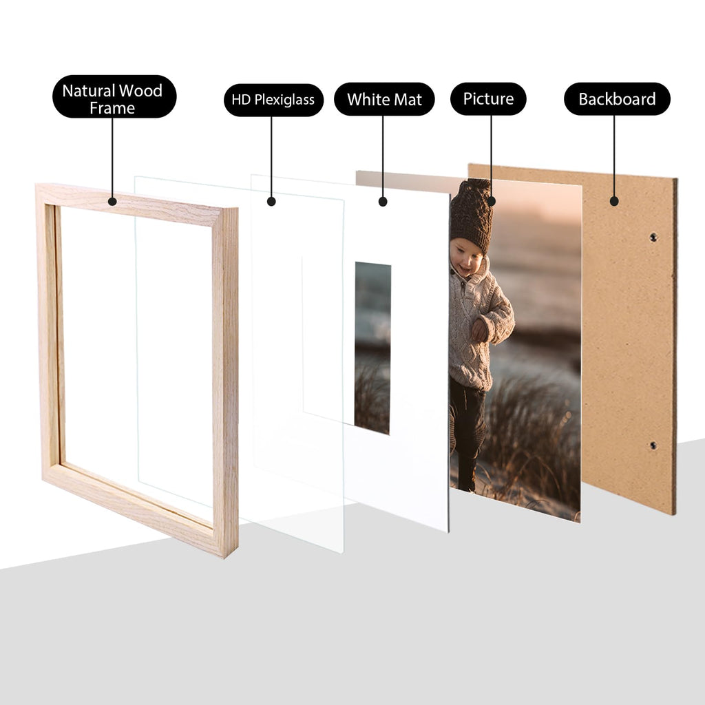 Kinlink 10X10 Picture Frames, Square Natural Wood Frames With Acrylic Plexiglass For Pictures 6X6 With Mat, Tabletop And Wall Mo