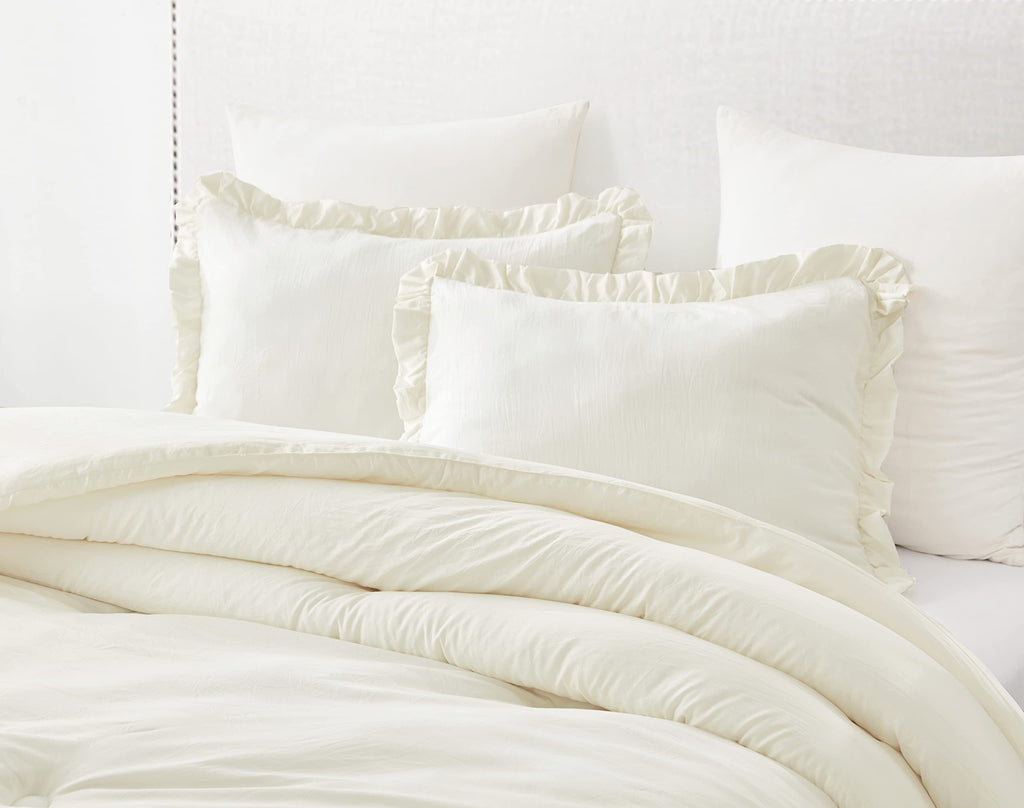 Chezmoi Collection Nora 3-Piece Ruffled Edge Trim Soft Washed Microfiber Comforter Set (King, Ivory)