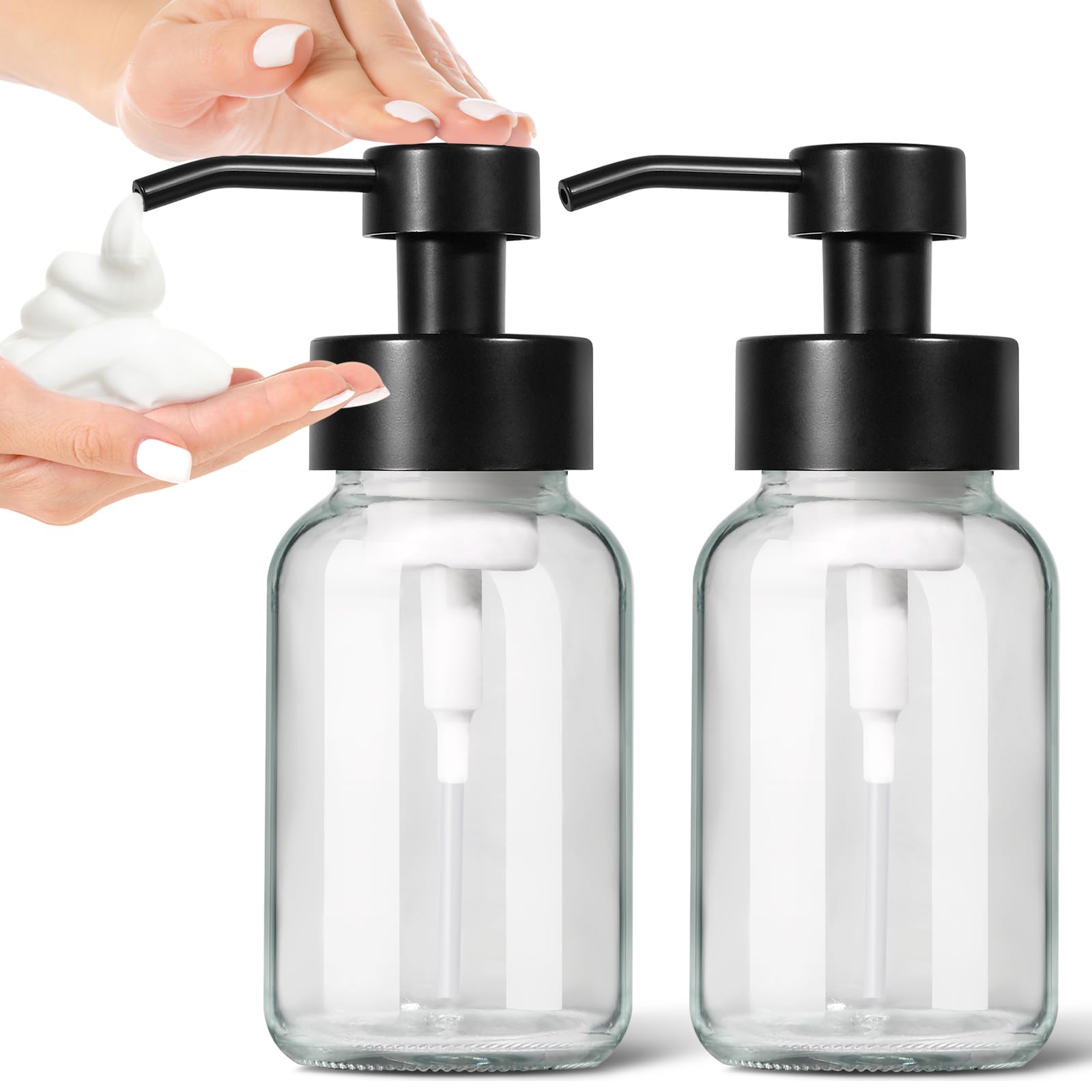 GMISUN Foam Soap Dispenser, 2 Pack 8.5 Oz Clear Glass Soap Dispenser for Bathroom & Kitchen, Modern Hand Soap Dispenser, Refilla