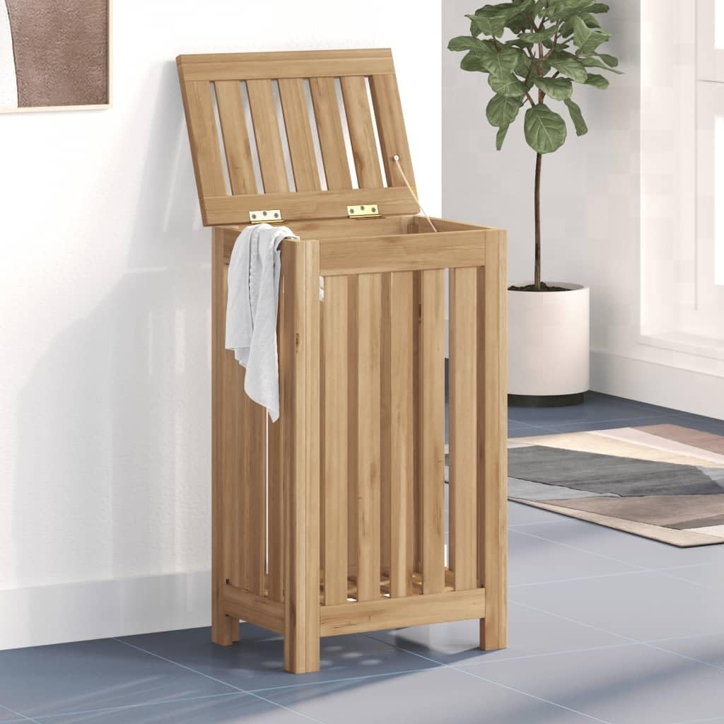 Vidaxl Teak Wood Wash Bin - Solid Wooden Laundry Basket With Lid, Slatted Design For Good Ventilation - Brown, 13.8"X9.8"X23.6"
