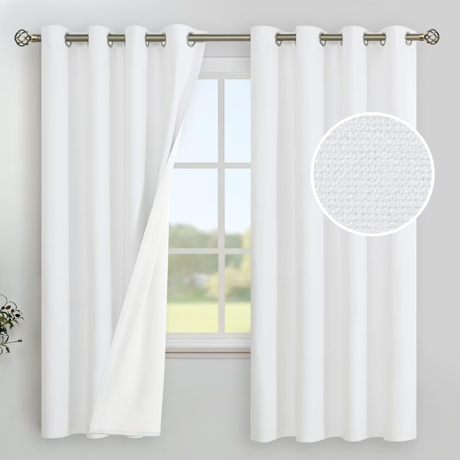 Youngstex White Blackout Curtains 72 Inch Length, Linen Window Drapes Full Room Darkening Grommet Thermal Insulated Panels For B