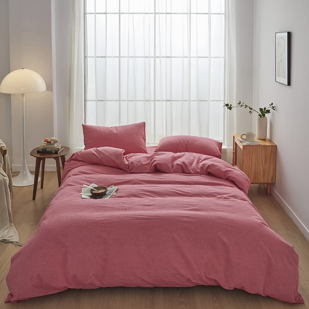 Face Two Face Bedding Duvet Cover Set 3 Pieces 100% Washed Cotton Duvet Cover Linen Like Textured Breathable Durable Soft Comfy (California King, Red)