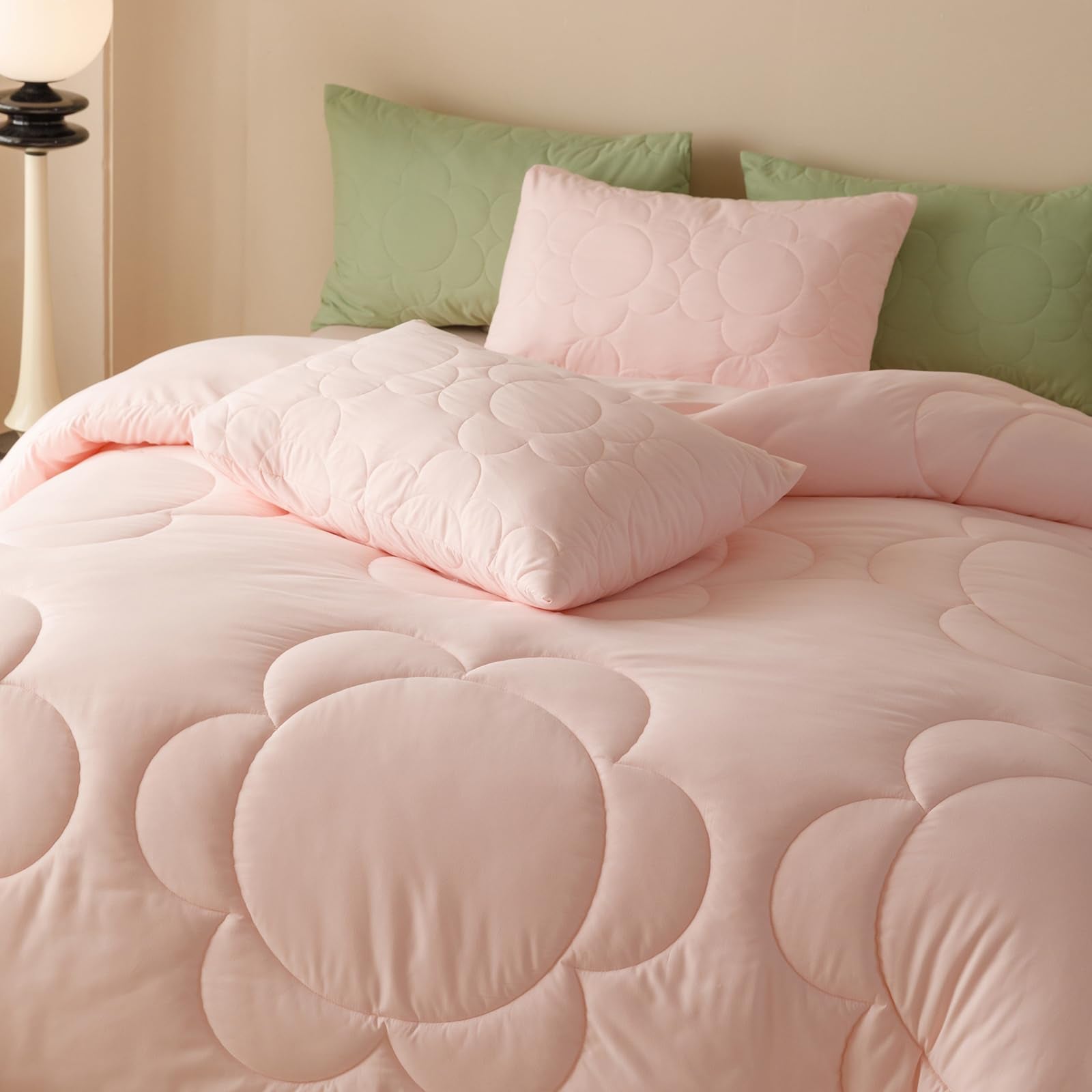 Luxlovery Pink Sunflower Comforter Set Queen Light Pink Quilted Boho Farmhouse Blush Pink Bedding Comforter Set Baby Pink Plain