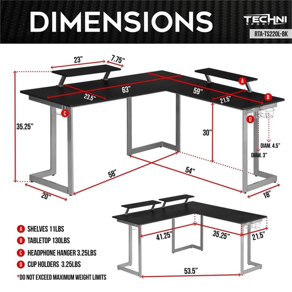 Techni Sport Warrior L-Shaped Gaming Desk With Mdf Panel, Computer Desk With Scratch Rust Resistance Steel Frame, Black