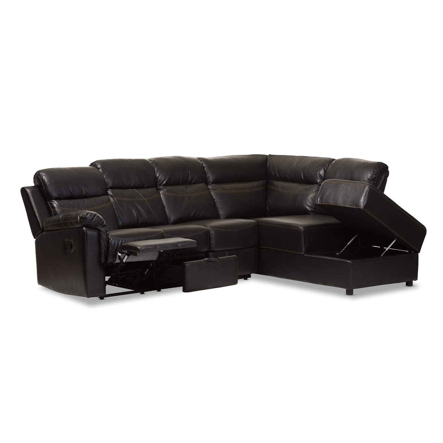 Baxton Studio Roland Modern and Contemporary Black Faux Leather 2-Piece Sectional with Recliner and Storage Chaise