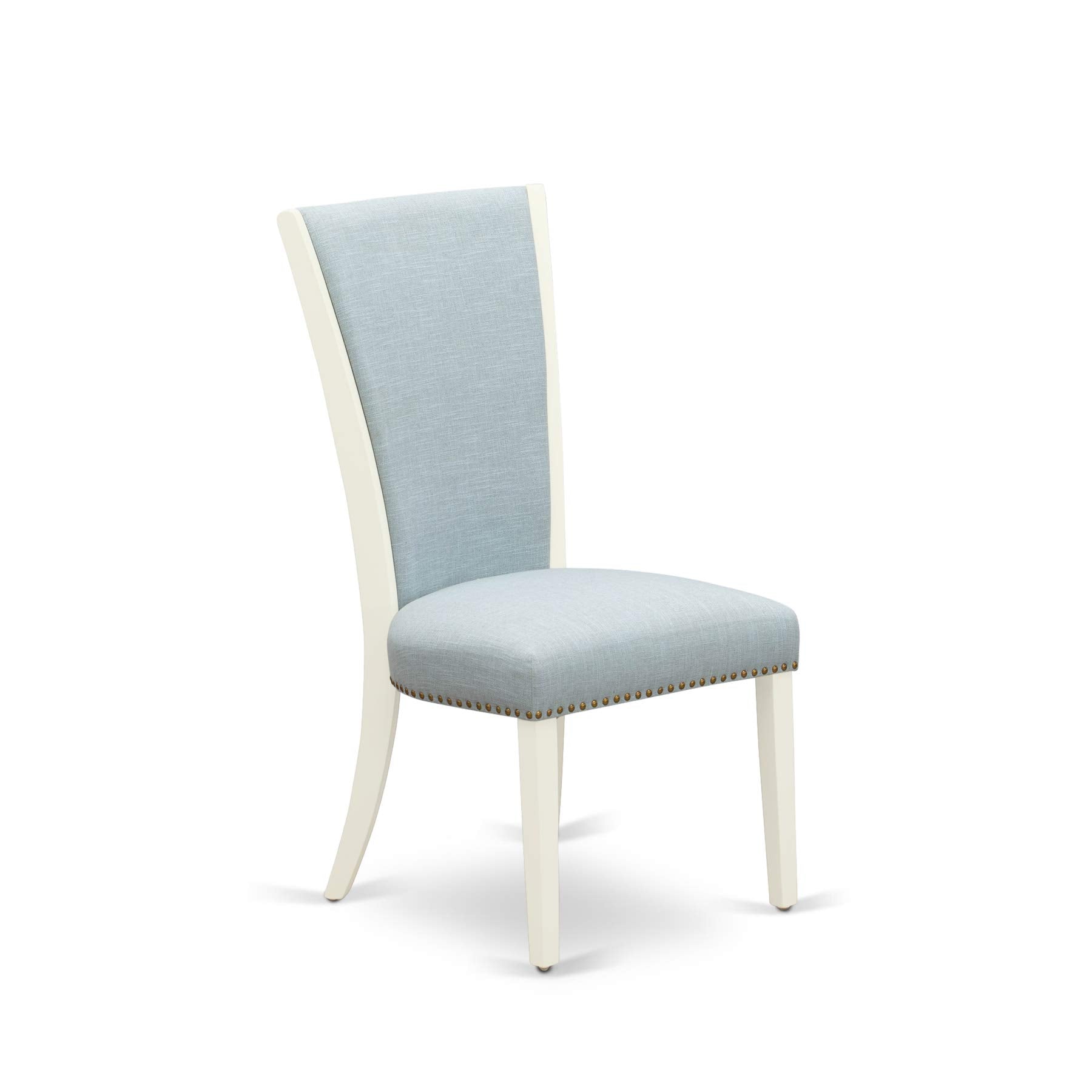 East West Furniture Vep2T15 Verona Parson Dining Chairs - Nailhead Trim Baby Blue Linen Fabric Padded Chairs, Set Of 2, Linen White