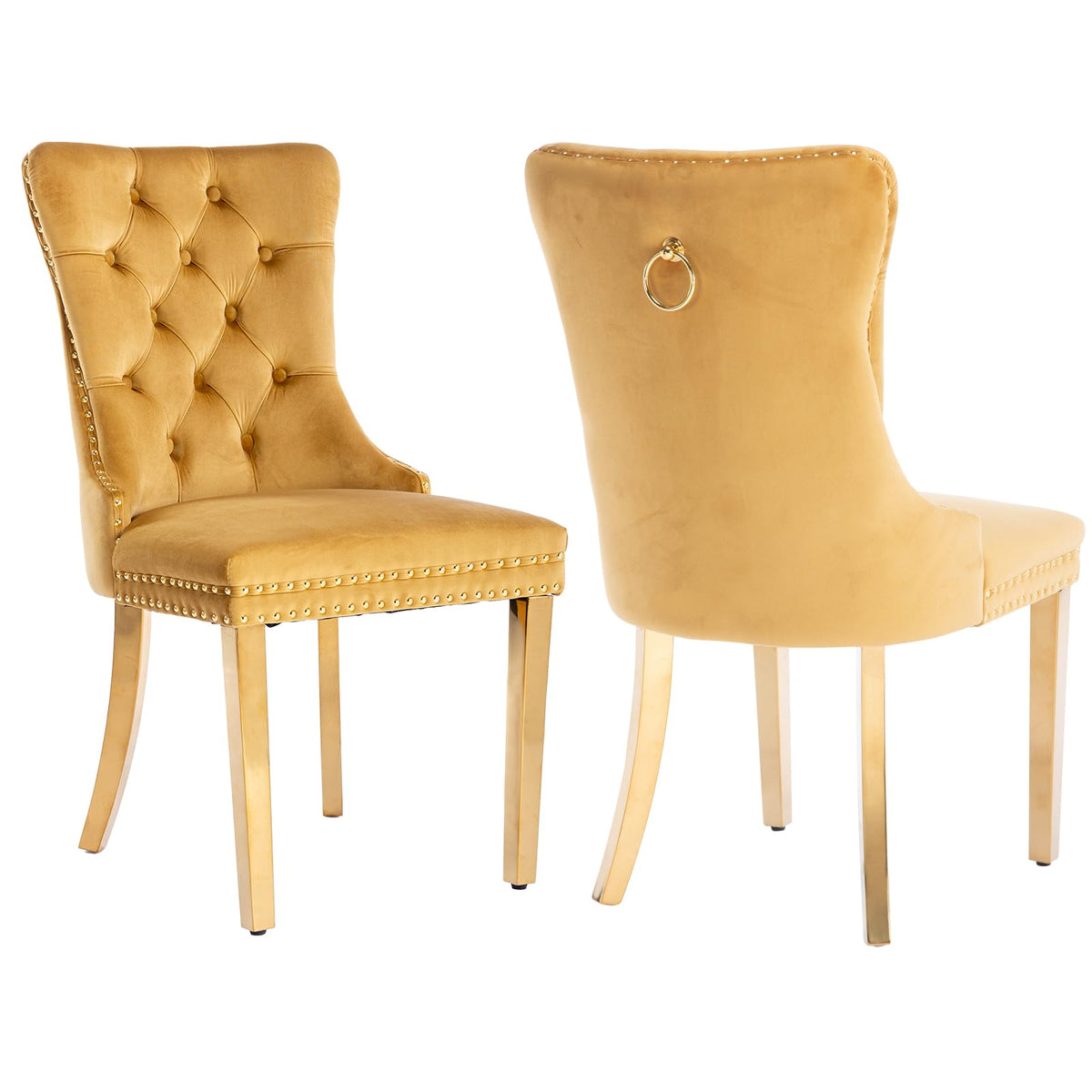 Gold Velvet Dining Chairs Set Of 2, Kitchen & Dining Room Chairs, Tufted Upholstered Dining Room Chair, Back Ring Pull Trim, Gol