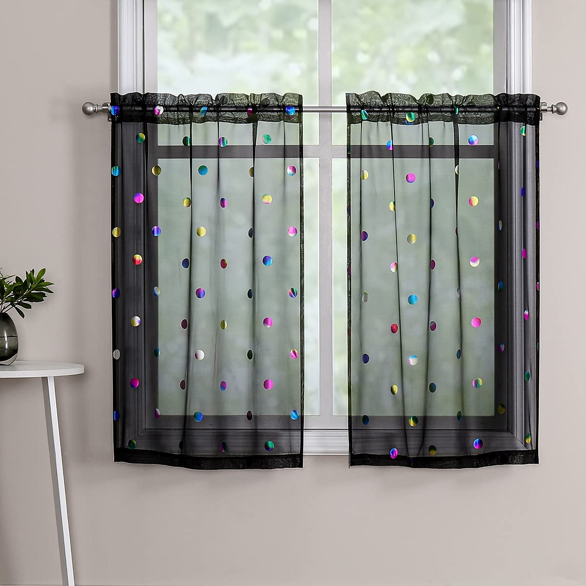 Urban Lotus Black Semi Sheer Tiers Curtains For Kitchen 24 Inches Long Colorful Polka Dots Printed Tier Curtains For Cafe Light