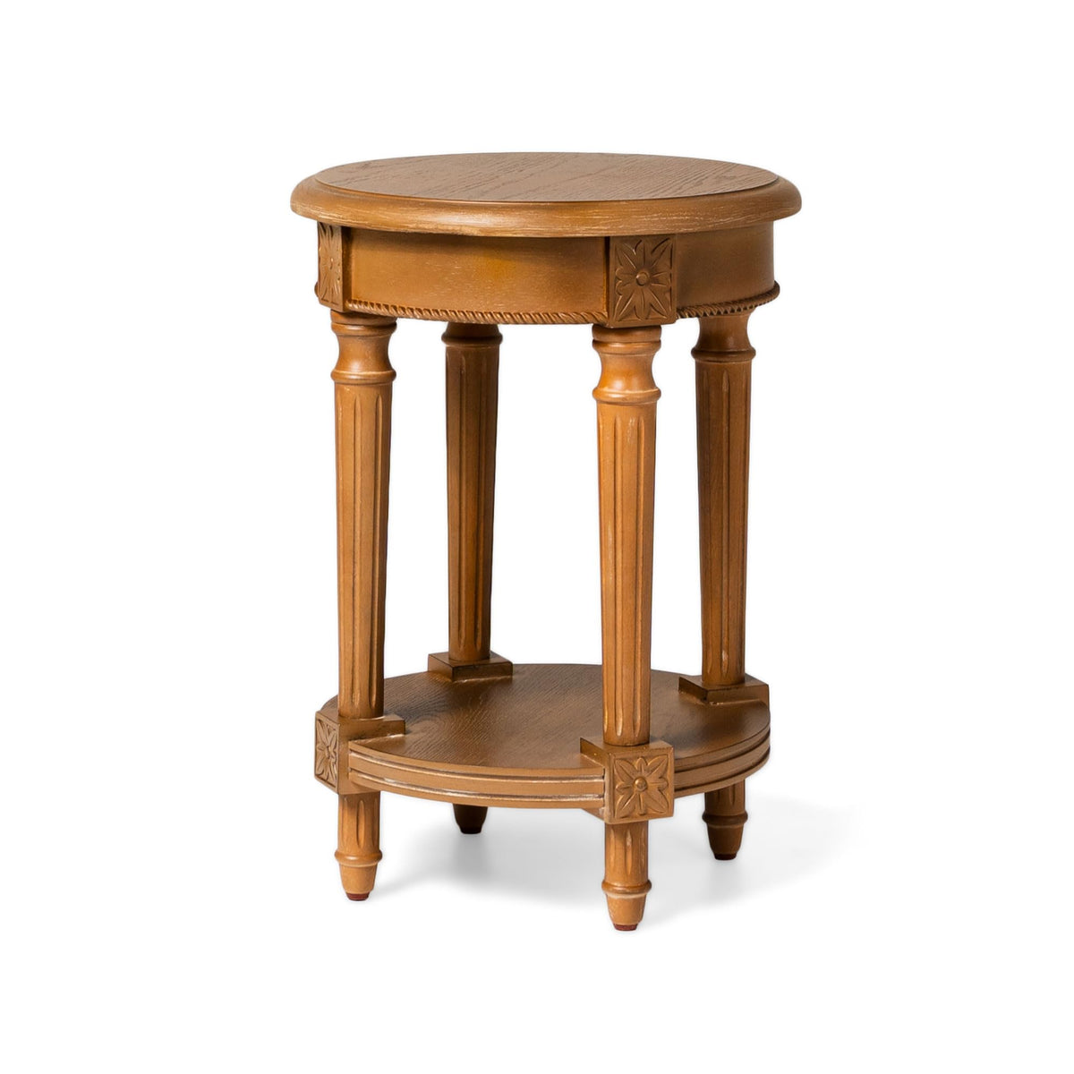 Maven Lane Pullman Multipurpose Traditional Style Tall Circle Wooden Side Table And Bedside Nightstand With Storage In Rustic Antiqued Natural Finish