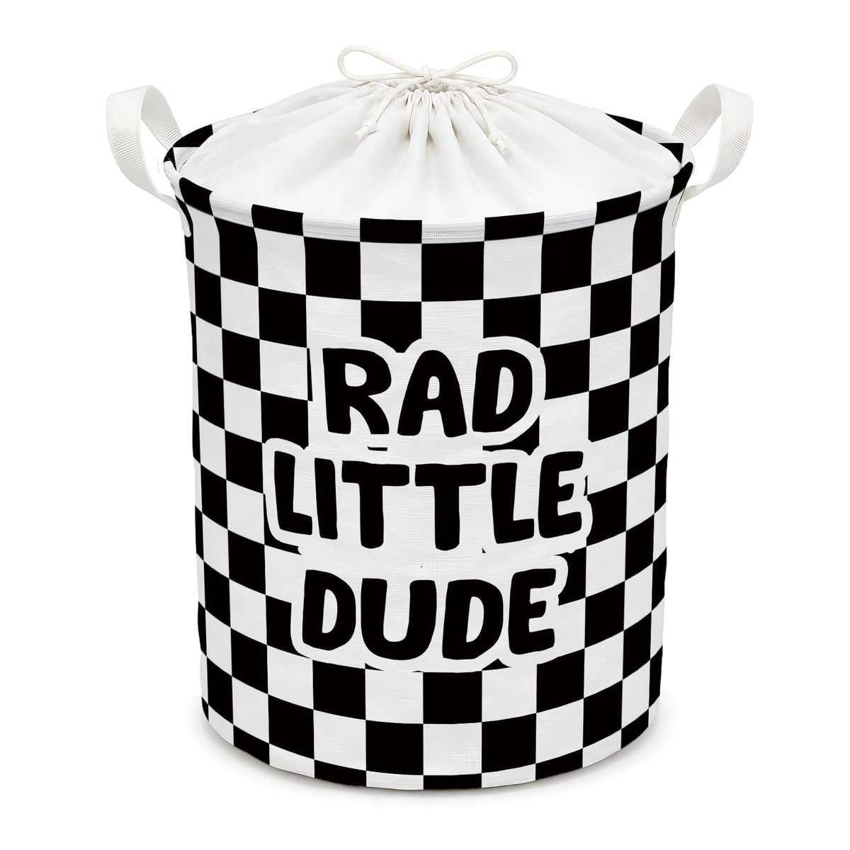 Qskjre Boy Nursery Checkered Laundry Basket, Rad Little Dude Cool Dude Boys Black and White Checkered Laundry Hamper Waterproof 