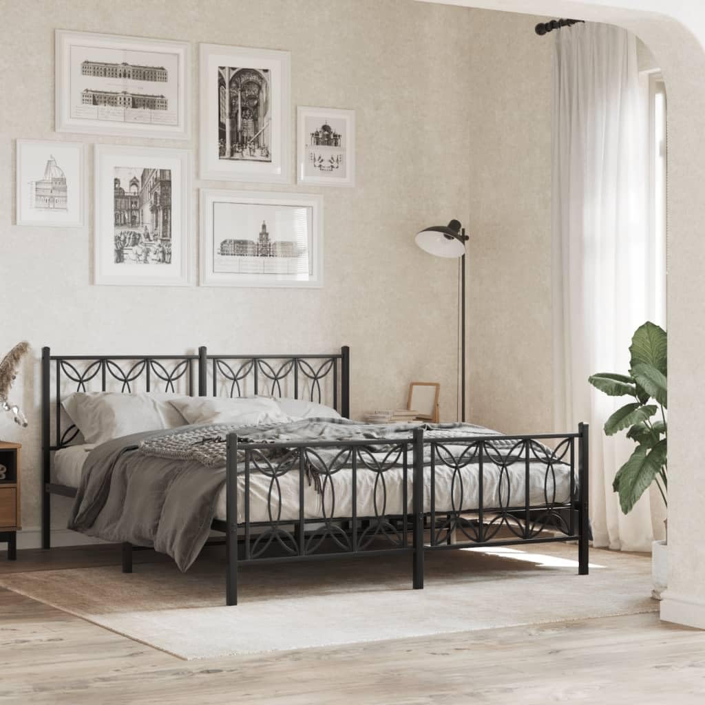 vidaXL Metal Bed Frame with Headboard/Footboard, Black, Steel, Double Bed - 81.5&quot;x61.4&quot;x35.4&quot;