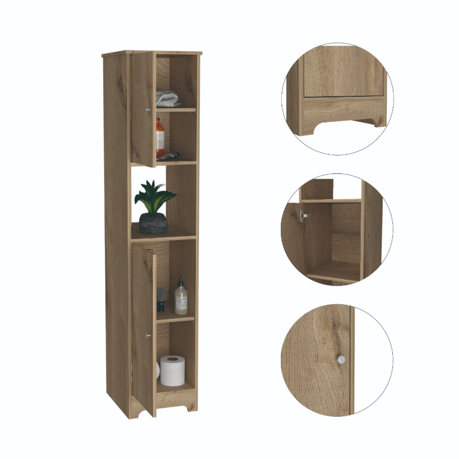 Double Door Cabinet 68.8H, 4 Interior Shelves, 1 Open Shelf, Light Oak