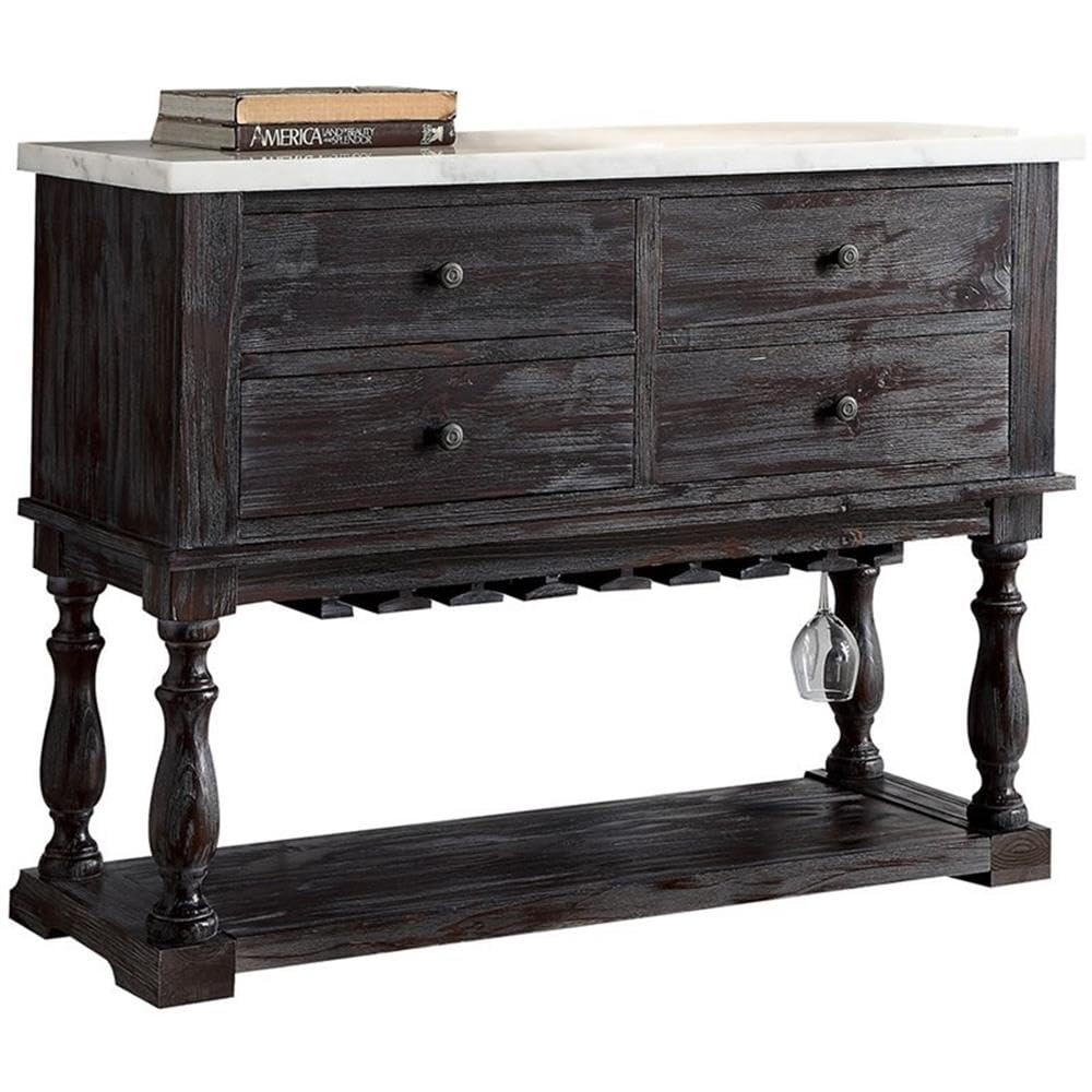 Acme Gerardo 4-Drawer Wooden Marble Top Server in White and Weathered Espresso