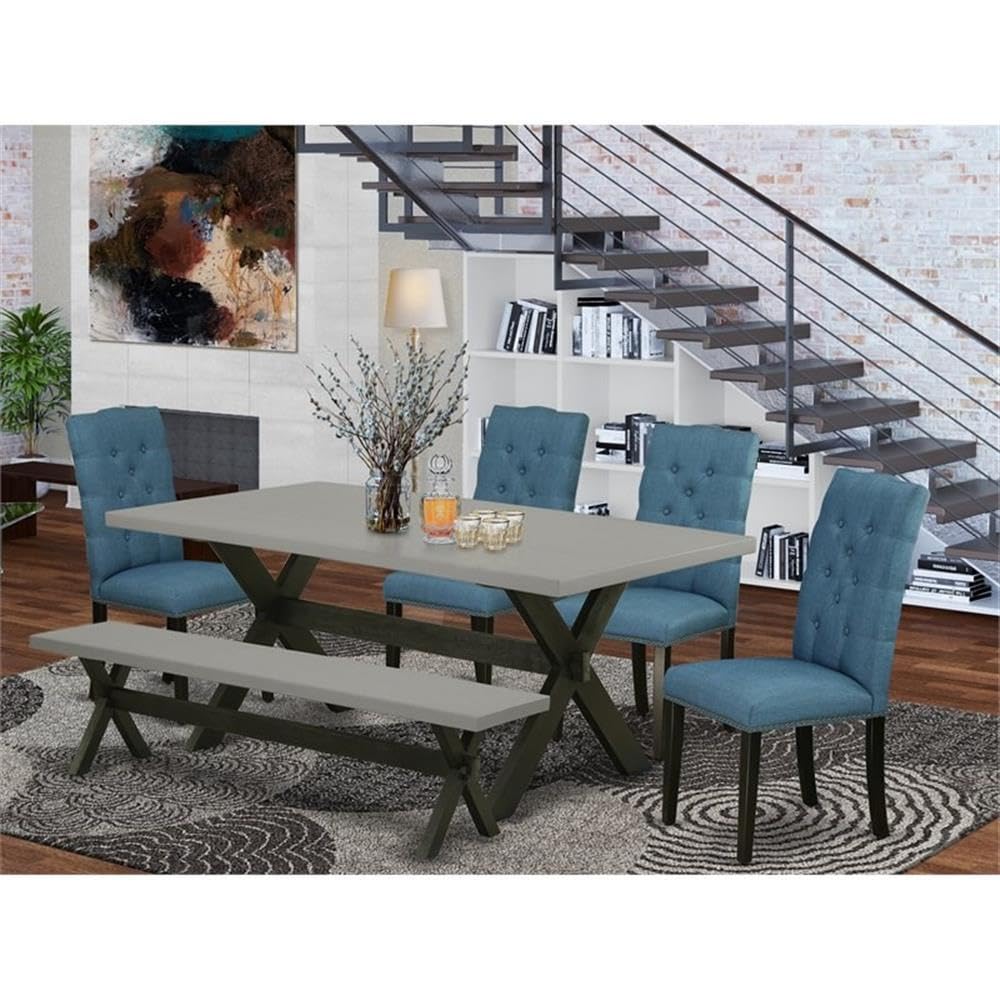 East West Furniture X697El121-6 6 Piece Dining Set Contains A Rectangle Dining Room Table With X-Legs And 4 Blue Linen Fabric Parson Chairs With A Bench, 40X72 Inch, Multi-Color