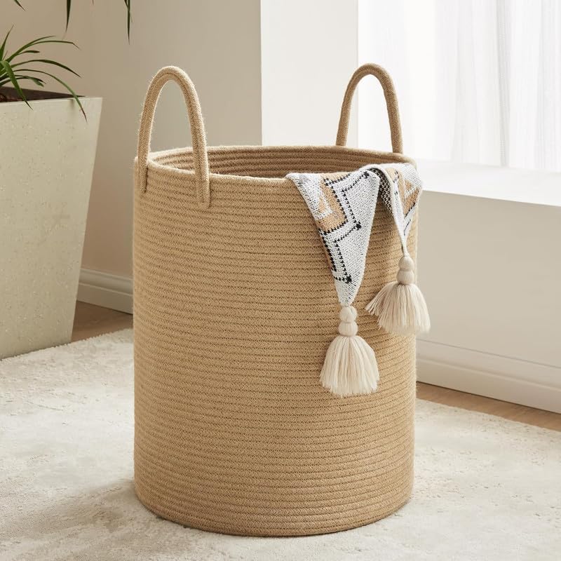 Rope Hamper Storage Cotton Large Basket for Living Room, Laundry Room, Cloths, Basket for Nursery Storage and Laundry Basket (Be