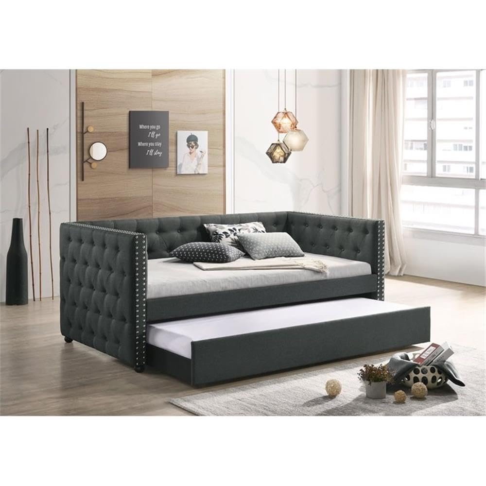 Acme Romona Button Tufted Fabric Upholstered Twin Daybed and Trundle in Gray