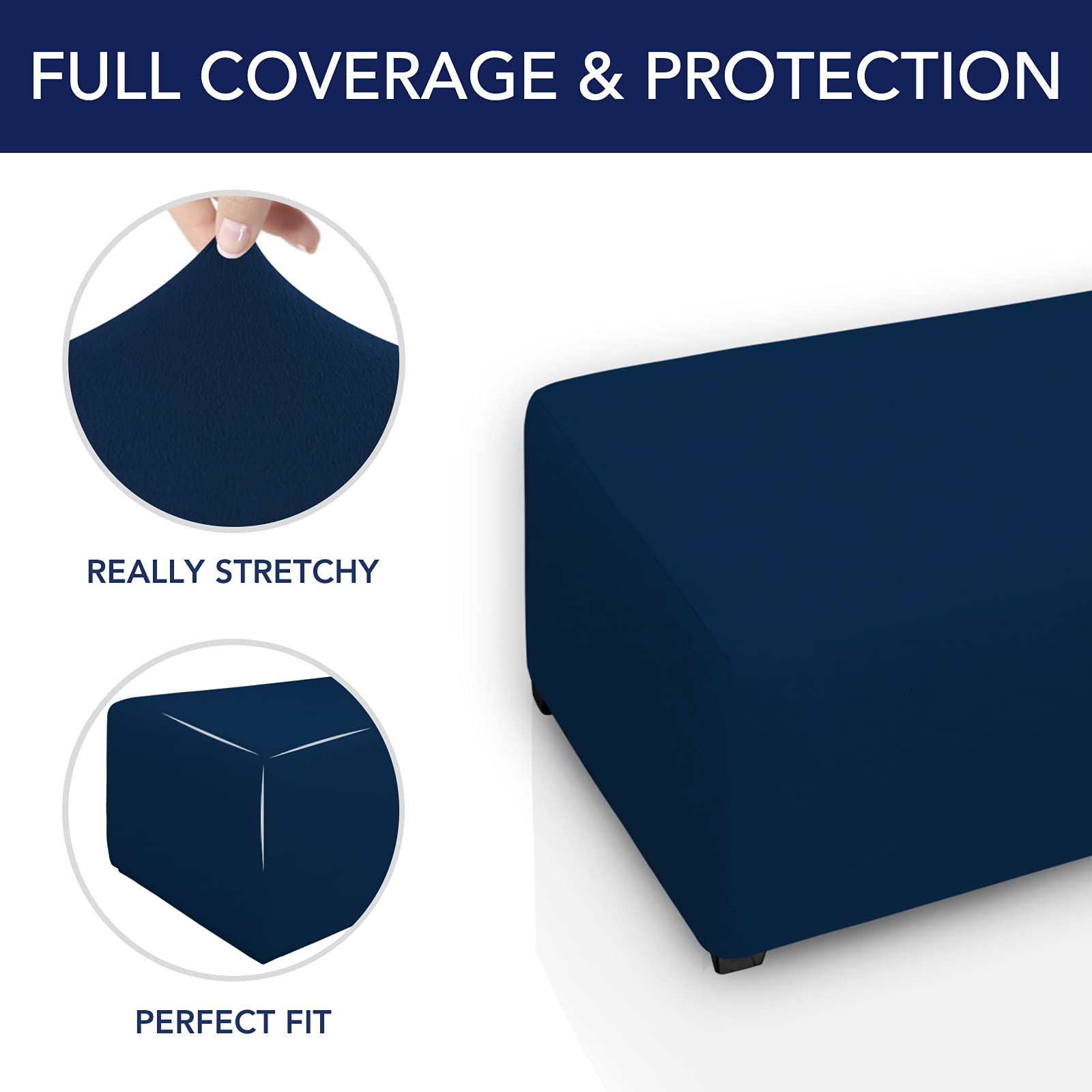 Purefit Super Stretch Soft Form Fit Ottoman Cover Rectangle - Ottoman Slipcovers For Foot Stool & Folding Storage Furniture For Living Room With Nonslip Elastic Bottom (Medium, Navy)