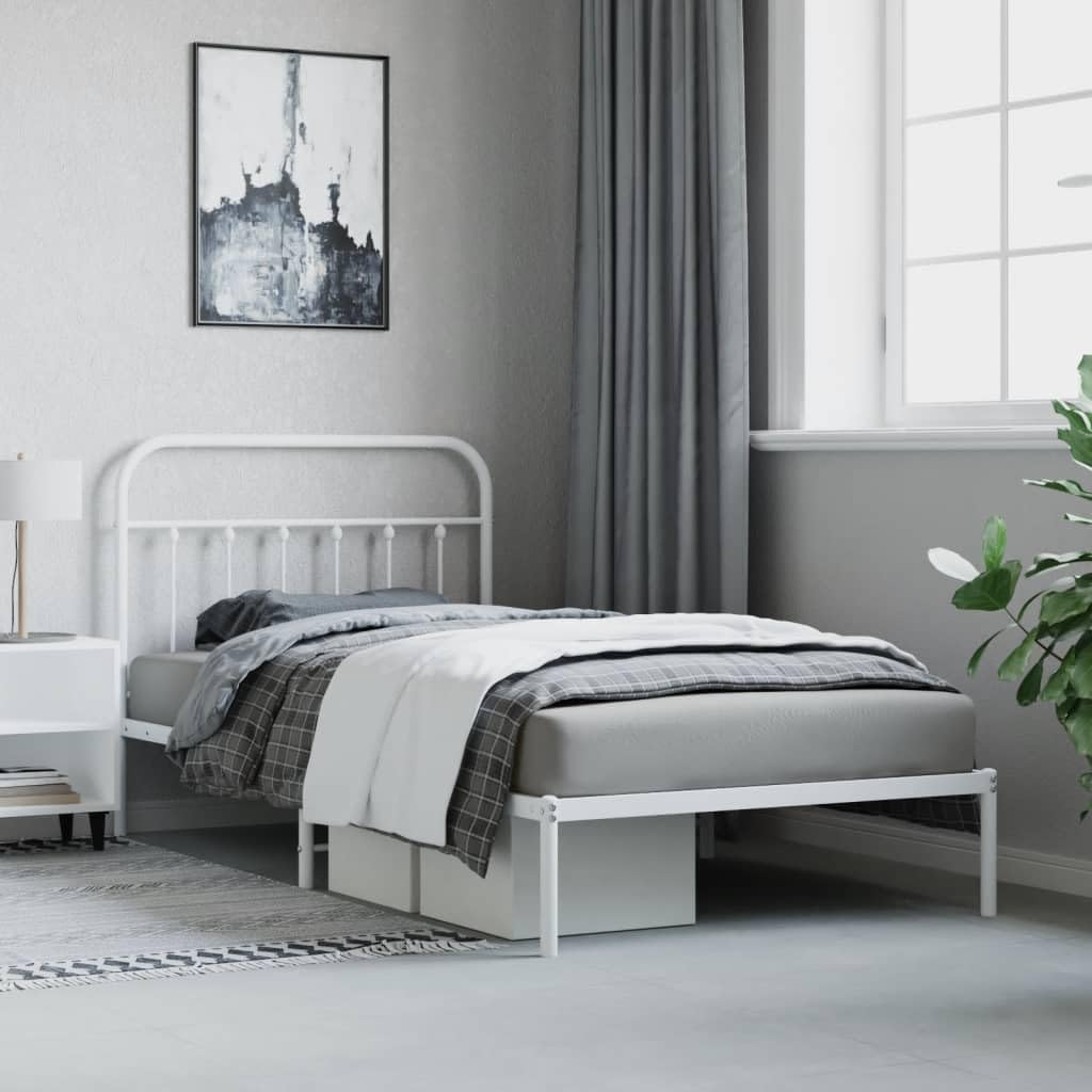 vidaXL 12 Inch Twin XL Metal Bed Frame with Headboard, No Box Spring Needed, Noise Free Platform Bed Frame with Steel Slats, Easy Assembly, Under Bed Storage, Minimalist, White