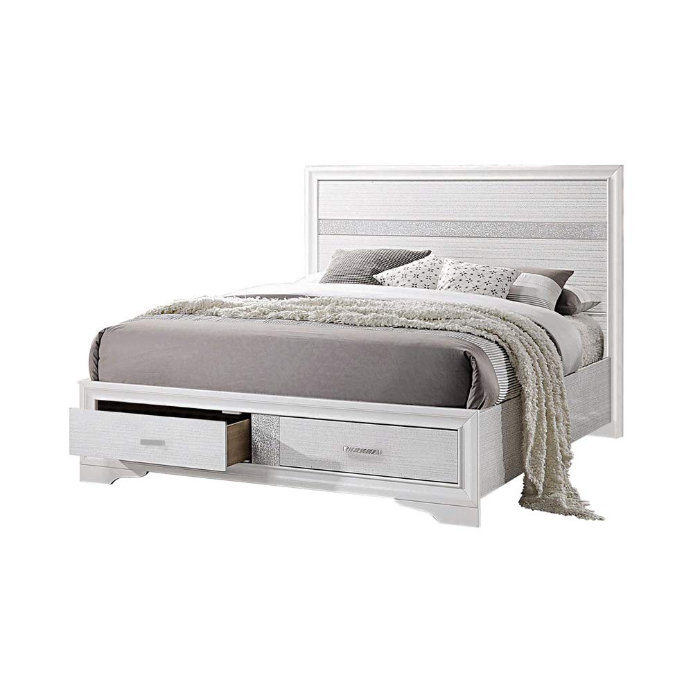 Benjara Contemporary Eastern King Bed with Drawers and Glittering Stripes, White