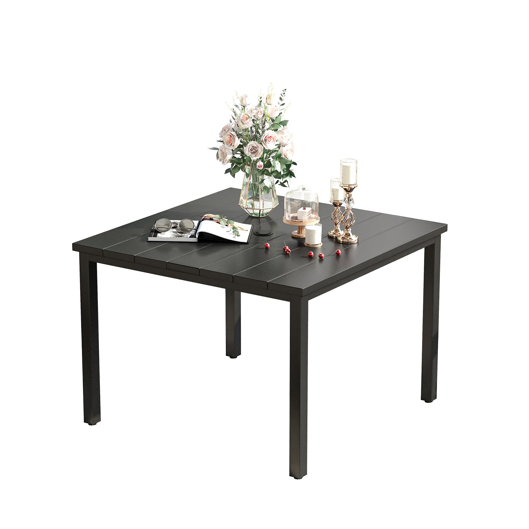 Vicllax 40.2' Square Patio Dining Table For 4, Outdoor Table With Umbrella Hole, All Weather Metal Patio Table For Lawn Garden, Walnut Wood-Like Tabletop