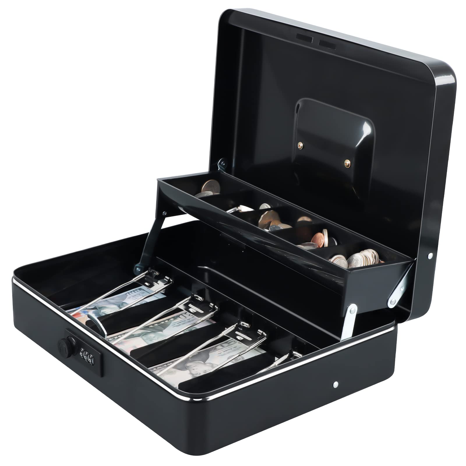 Xydled Cash Box With Money Tray And Combination Lock,Tiered, Cantilever Design,4 Bill / 5 Coin Slots,11.8' X 9.5' X 3.5',Blac