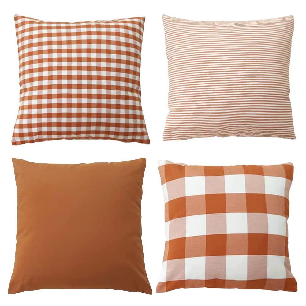 Hoplee Orange Throw Pillow Covers 18X18 Farmhouse Cushion Cover With Buffalo Plaid, Solid Orange, Striped And Gingham Plaid Desi