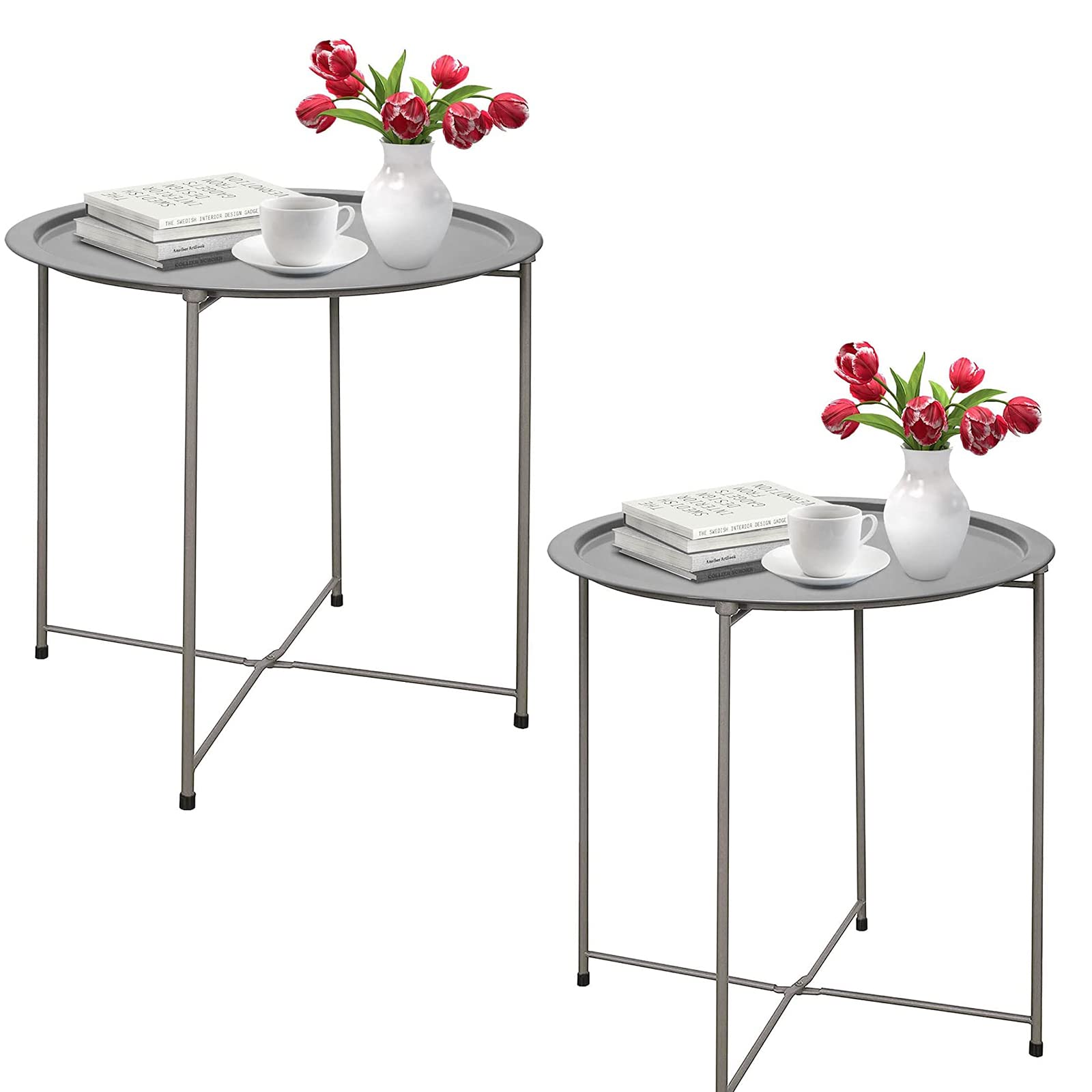 Garden 4 You End Table Set Of 2, Outdoor Side Table, Small Patio Table Metal Side Table, Round Folding Side Table, For Outdoor And Living Room,Grey