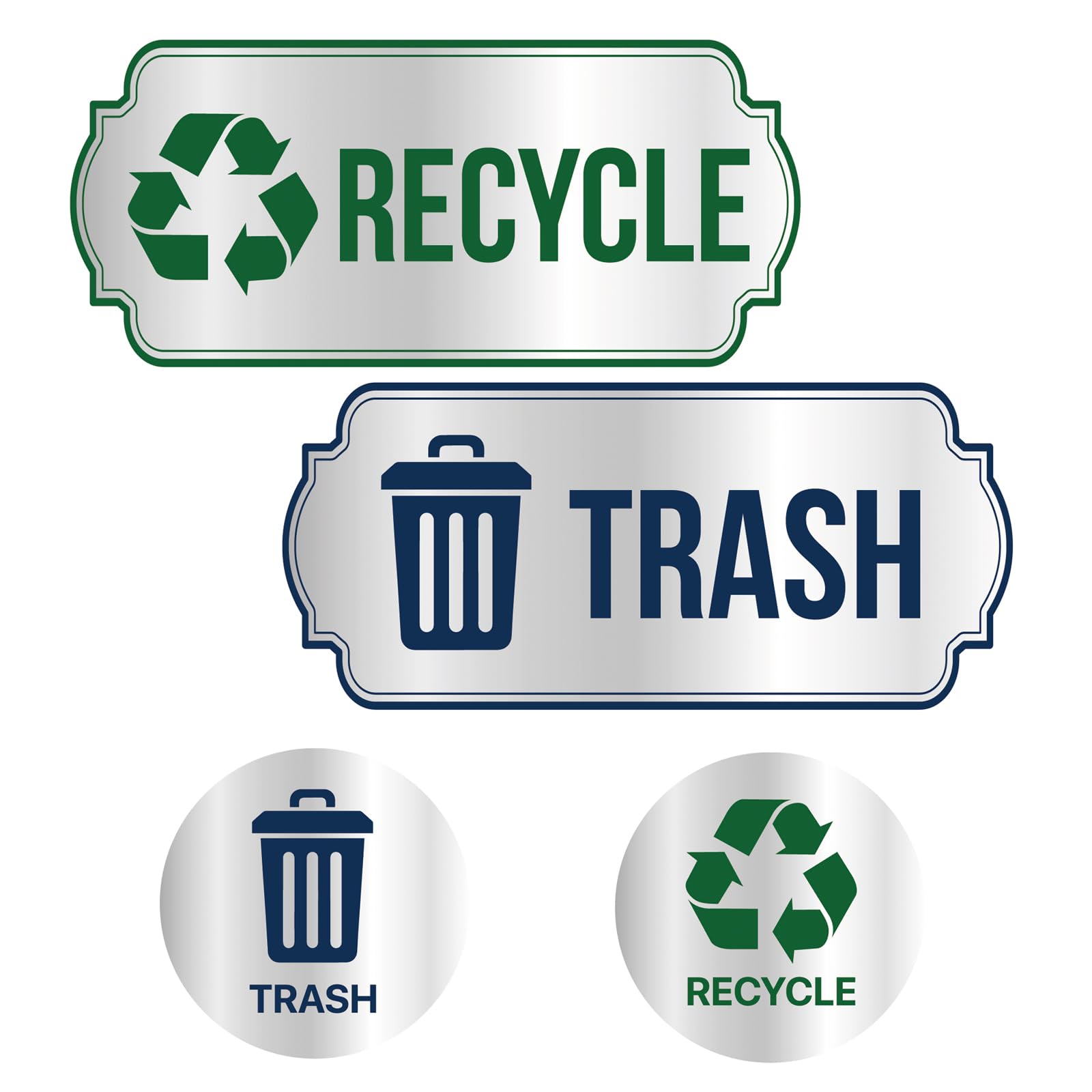 Trash and Recycle Stickers 4-Piece Set - Recycle Sticker Sign for Sorting - Waterproof Silver Finished Recycling Stickers for Tr