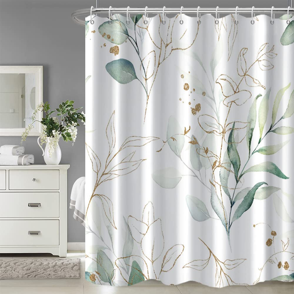 Ruelvth Eucalyptus Shower Curtain, Spring Sage Green And Gold Abstract Leaves Shower Curtain Set For Bathroom Waterproof Fabric