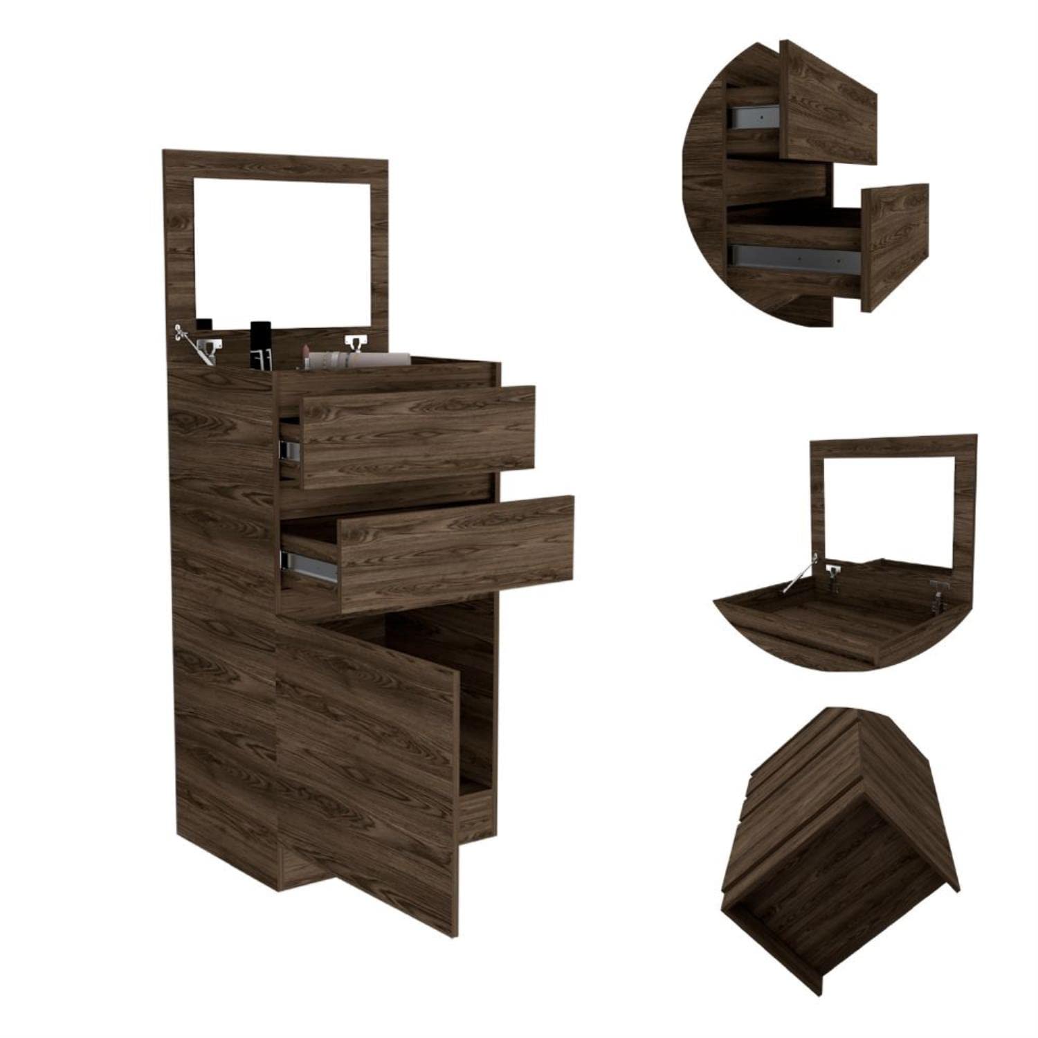 Dresser 43" H, Jewelry Box, Mirror, Single Door Cabinet, 2 Drawers, Dark Walnut