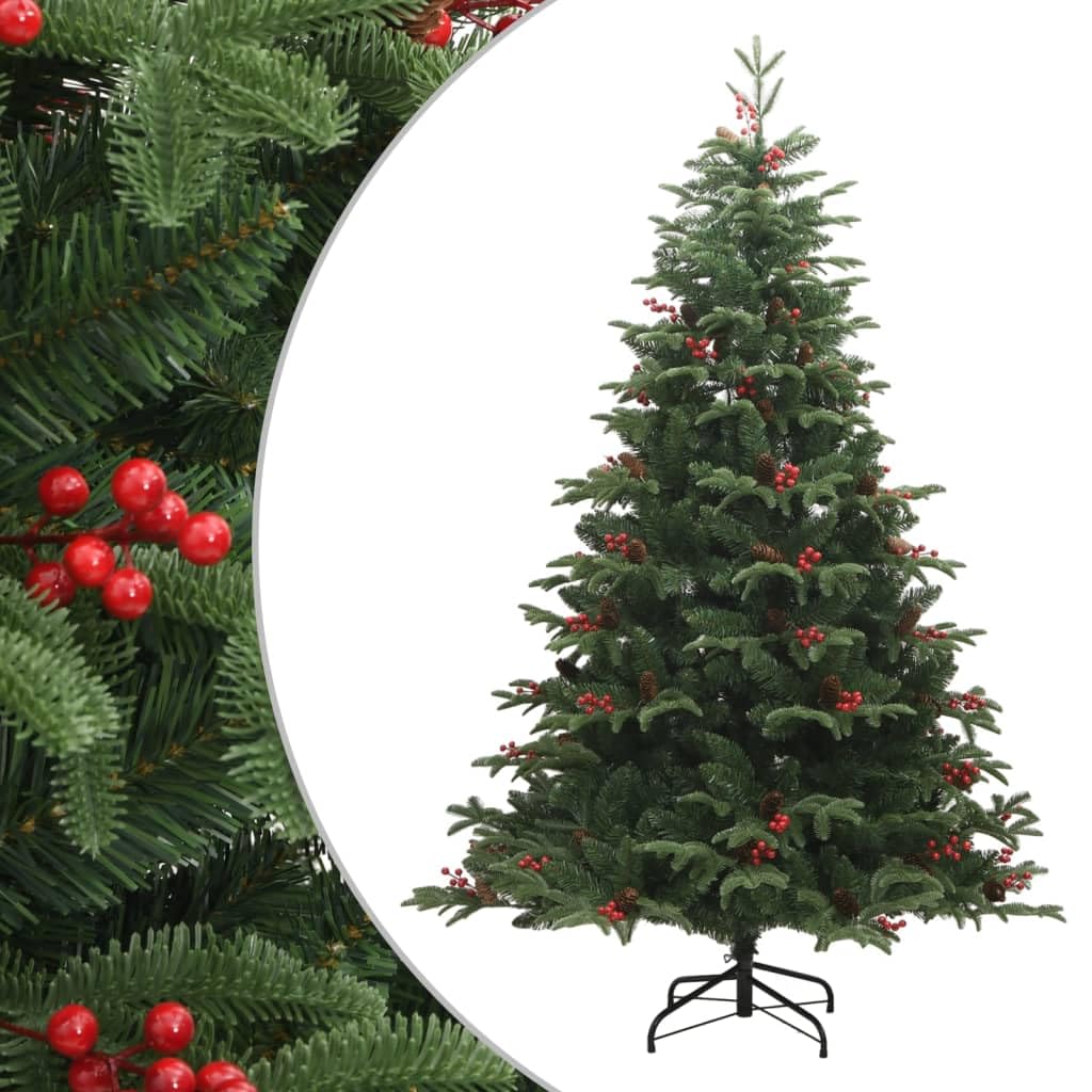 vidaXL Artificial Hinged Christmas Tree - 70.9 Inches, Green, Lifelike Appearance with Cones and Berries, Hinged Construction, Eco-Friendly and Reusable, Robust Iron Stand