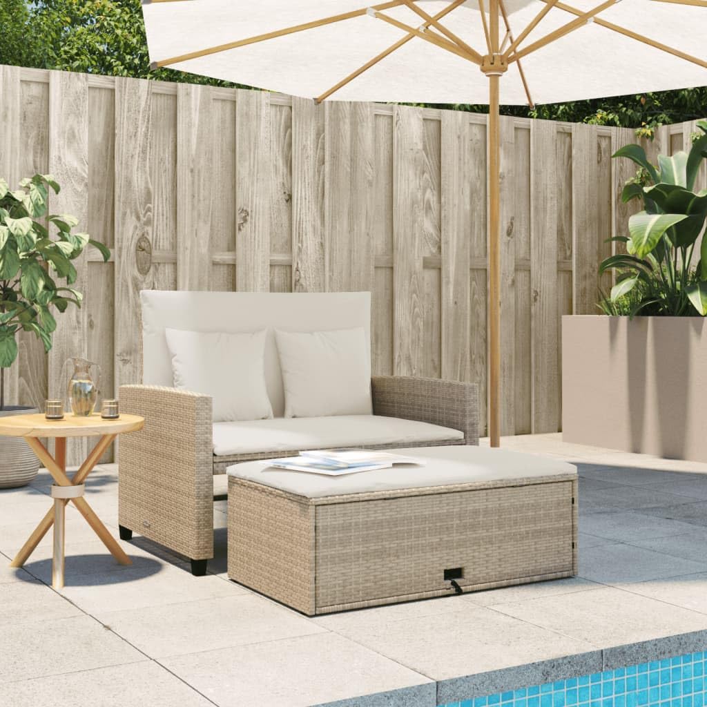vidaXL 2-Seater Patio Sofa Bench - PE Rattan, Beige, Sofa Bed with Footstool Storage, Cushions with Removable Covers