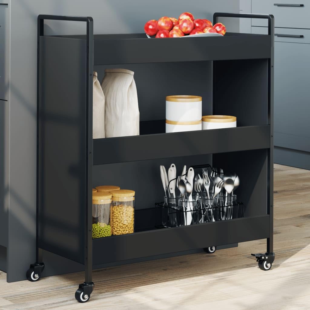 vidaXL Black Kitchen Trolley - Engineered Wood, Steel Frame, 27.6"x11.8"x32.3", Vegetable Storage Cart with Wheels & Brakes, Versatile Organizer