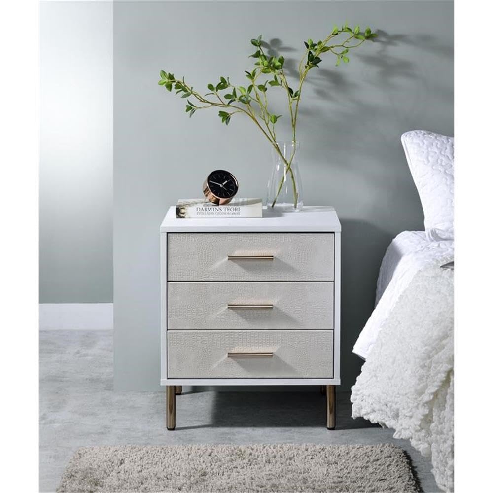 Acme Myles Wooden Storage Nightstand in White and Champagne and Gold