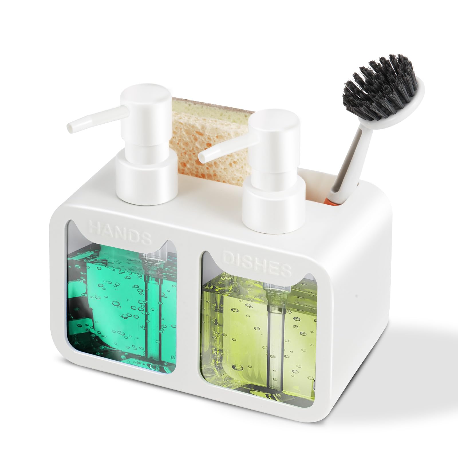 Kitchen Soap Dispenser Set, with Hand and Dish Soap, Sponge Caddy and Brush Holder 4-in-1 Kitchen Dual Soap Dispenser Set for Ki