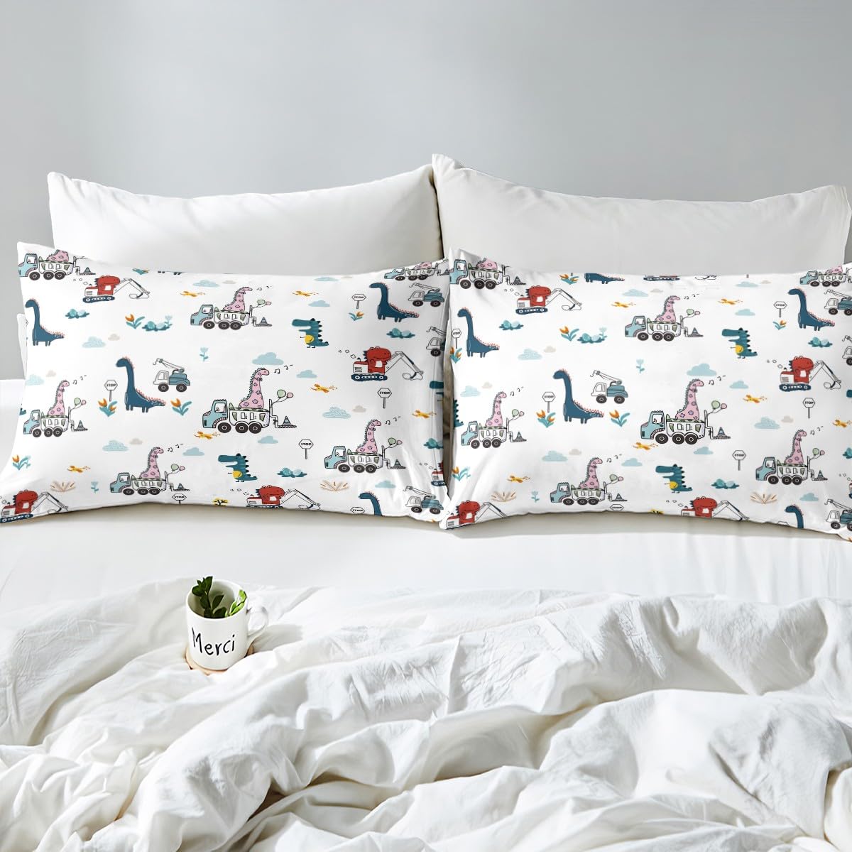 Feelyou Cartoon Dino Excavator Sheet Set Twin Size, Dinosaur Construction Bed Sheets Set Kids Toddler Construction Vehicles Shee