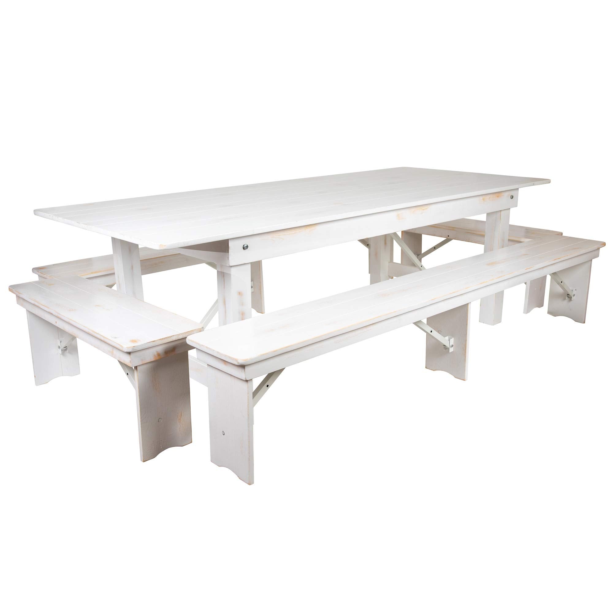 Flash Furniture Hercules Series 8' X 40&quot; Antique Rustic White Folding Farm Table And Four Bench Set