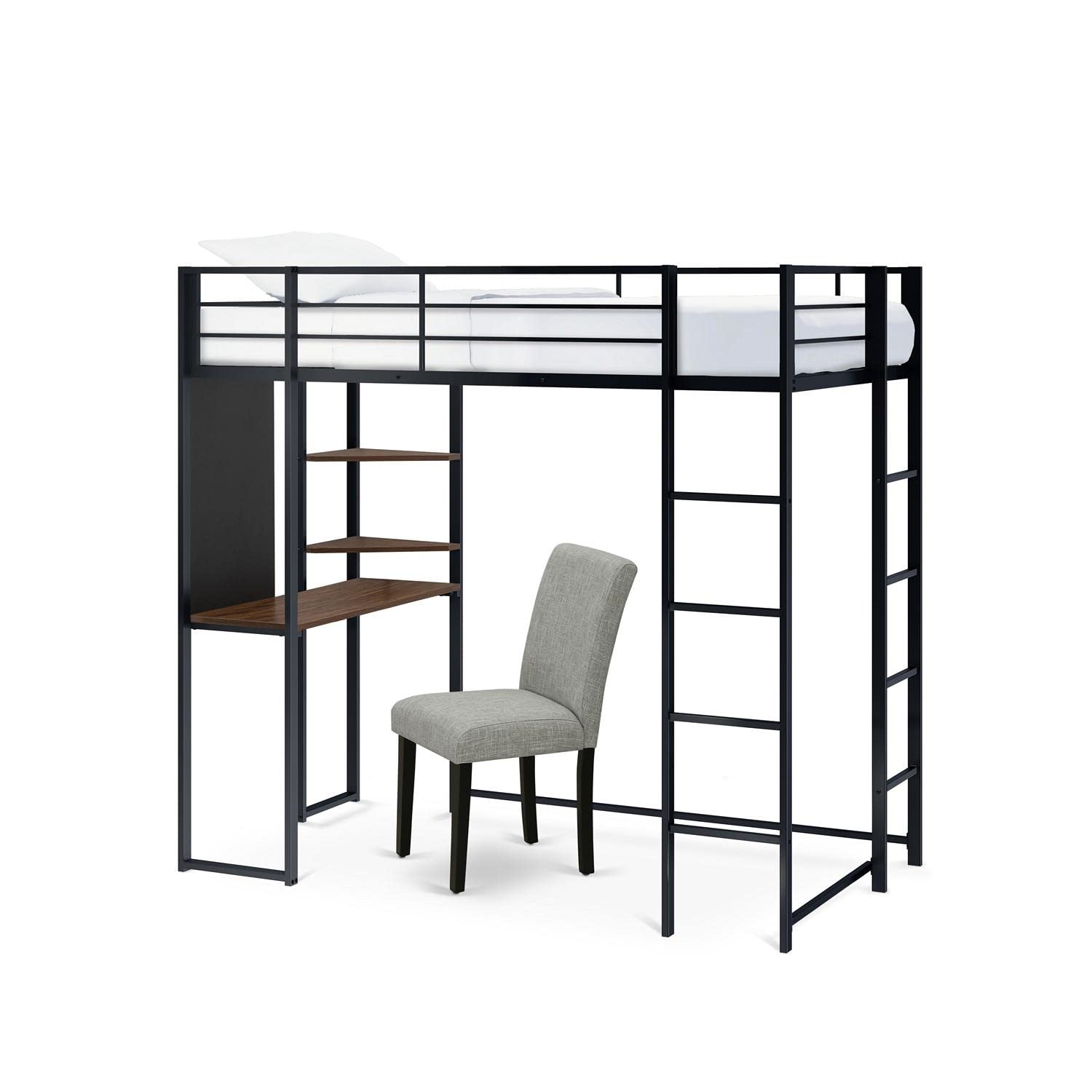 East West Furniture Butlblk Buckland Twin Loft Bed - One Metal Bed, A Table Top, 2 Book Shelves And 2 Ladder With 3 And 4 Steps And Guard Rails - Twin Loft Bed - Powder Coating Black Finish