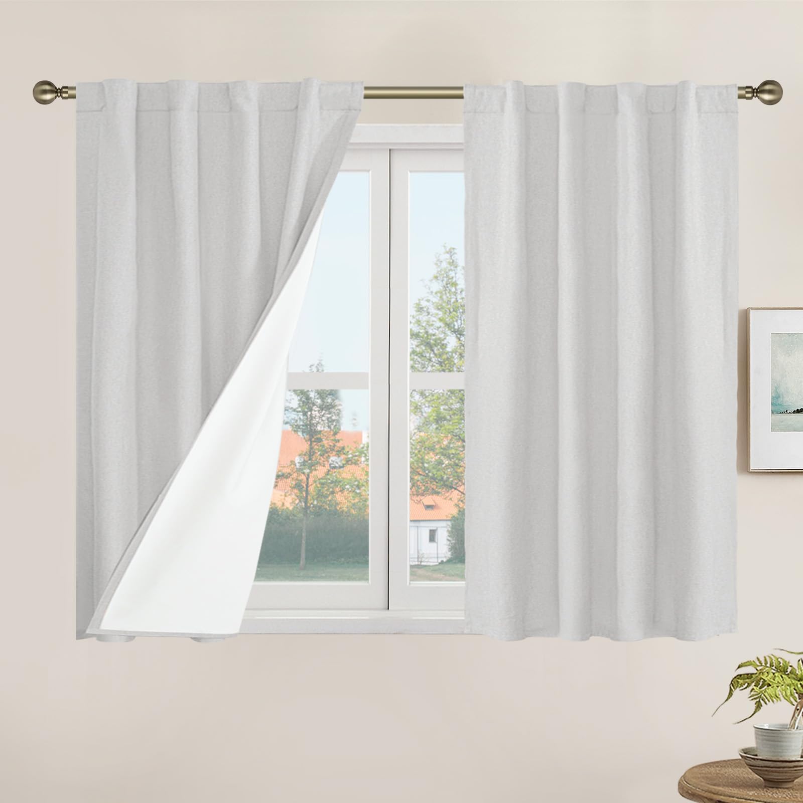 LAMIT Short Linen Curtains 40 Inches Long for Small Window, 100% Blackout Thermal Curtains Back Tab and Rod Pocket Kitchen Panel
