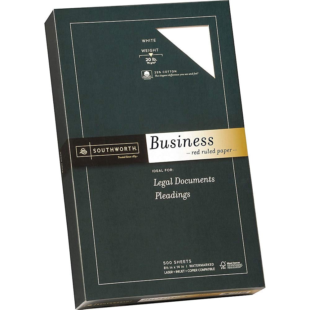 Southworth 25% Cotton Business Paper, Ruled, 95 Bright, 20 Lb Bond Weight, 8.5 X 14, White, 500 Sheets/Ream